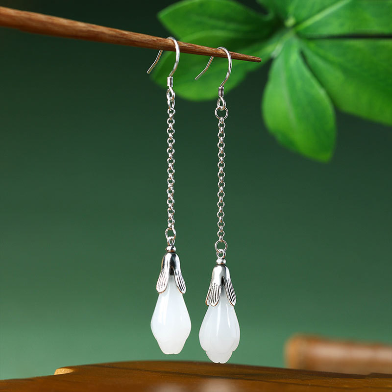 Luxury Gifts Jewelry & Watches Namfleg Mostar - Белые настоящие нефритовые серьги с цветком,